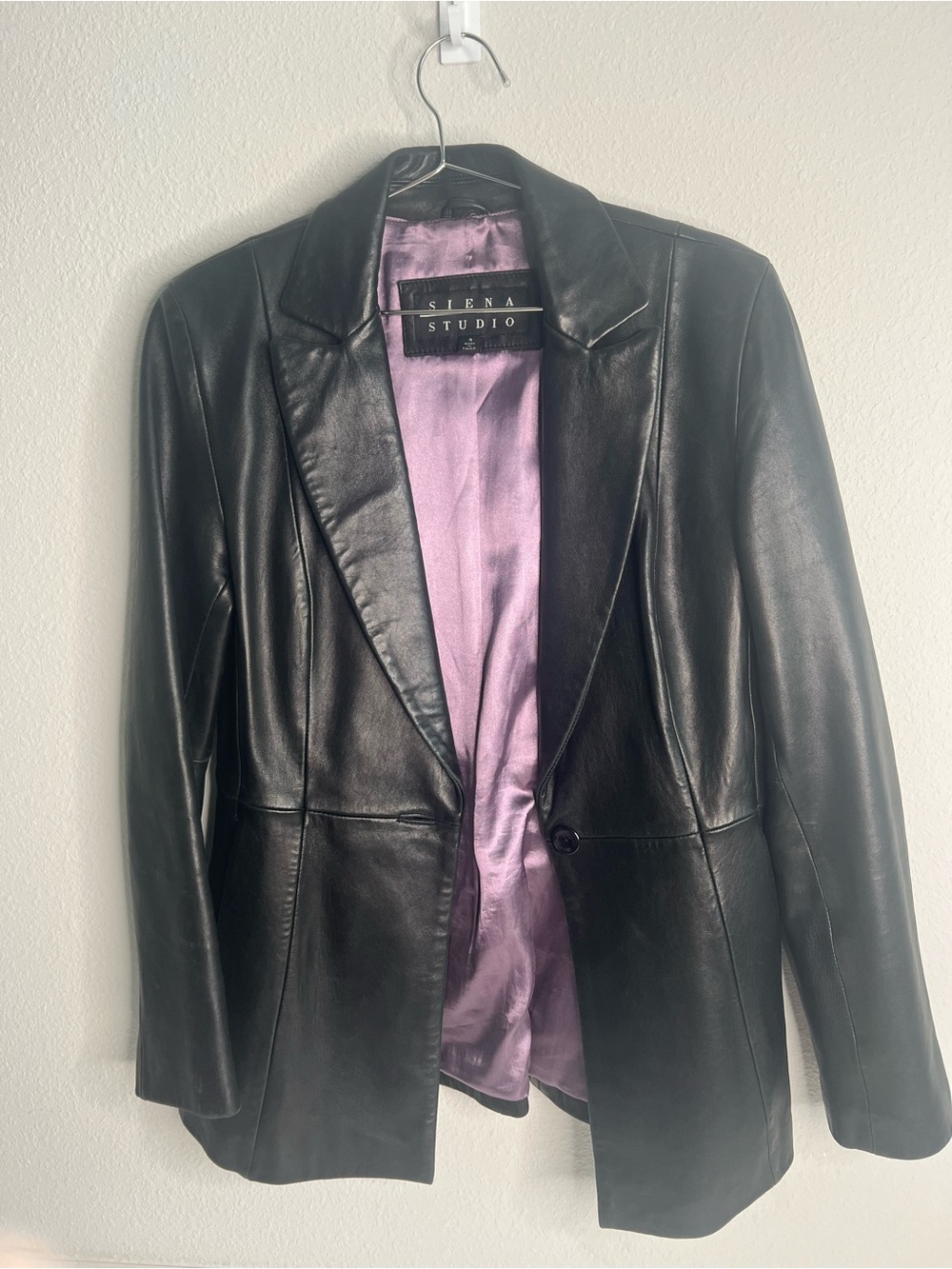 Siena Studio Black Leather Blazer with Lilac Satin Lining